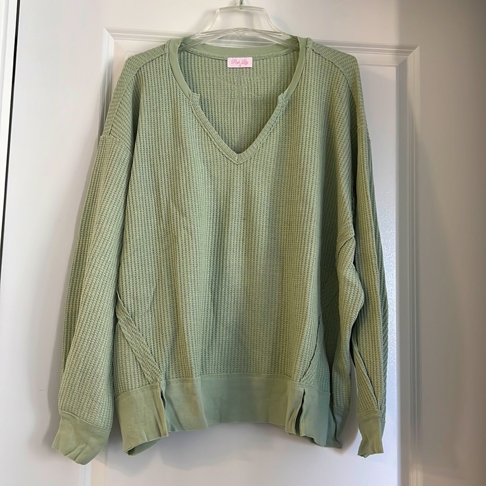 SINCE YOU'VE BEEN GONE SAGE WAFFLE KNIT V-NECK SWEATER
